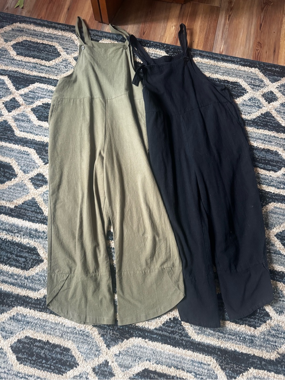 Two Wide-Leg Linen Overalls in Olive Green and Black